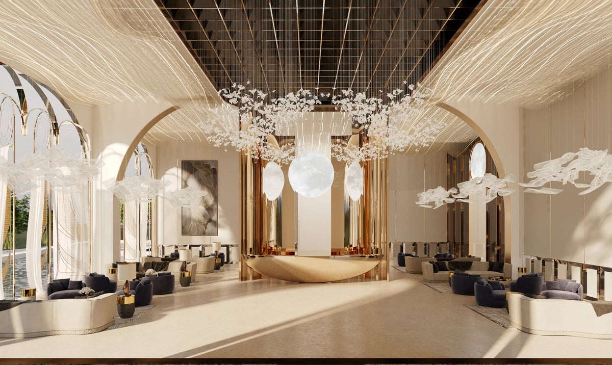 Modern luxury hotel lobby interior with elegant decor and warm lighting