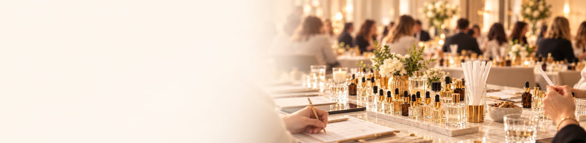 Elegant formal dining table setup with place settings, glasses, and centerpieces at an upscale event or banquet