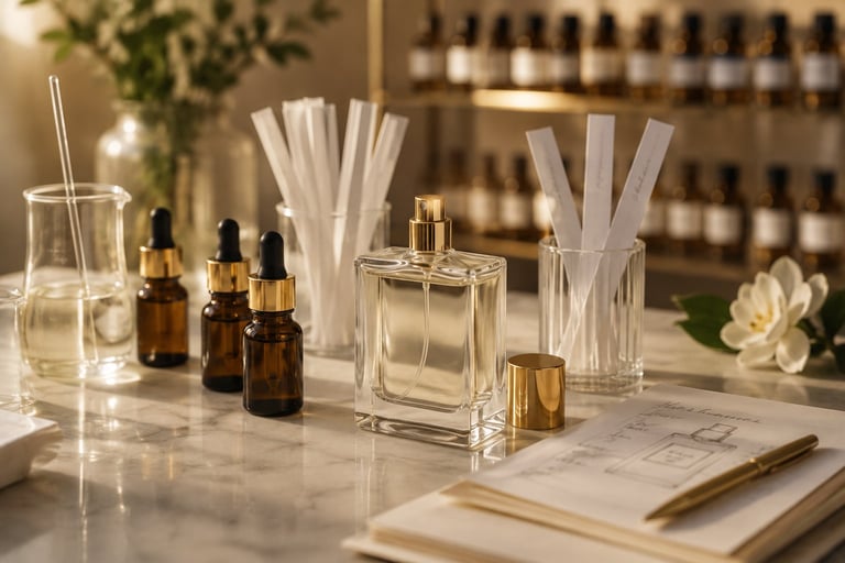 Luxury perfume display on marble counter with glass bottles