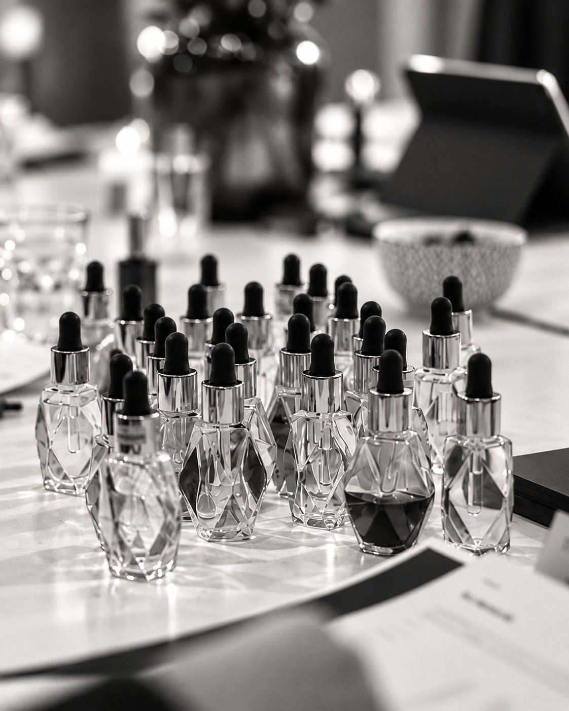 Collection of clear glass cosmetic dropper bottles with black caps arranged on a white surface in a beauty studio setting.