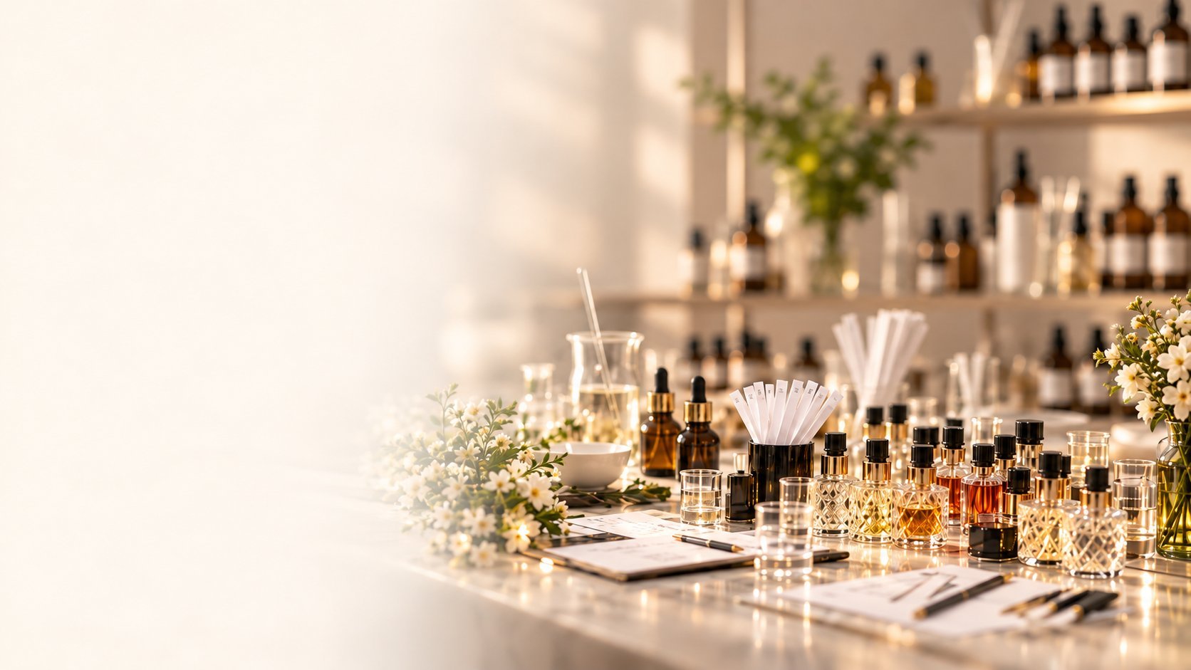 Luxury cosmetics and perfume display on white counter with gold accents, shelves of bottles in background.