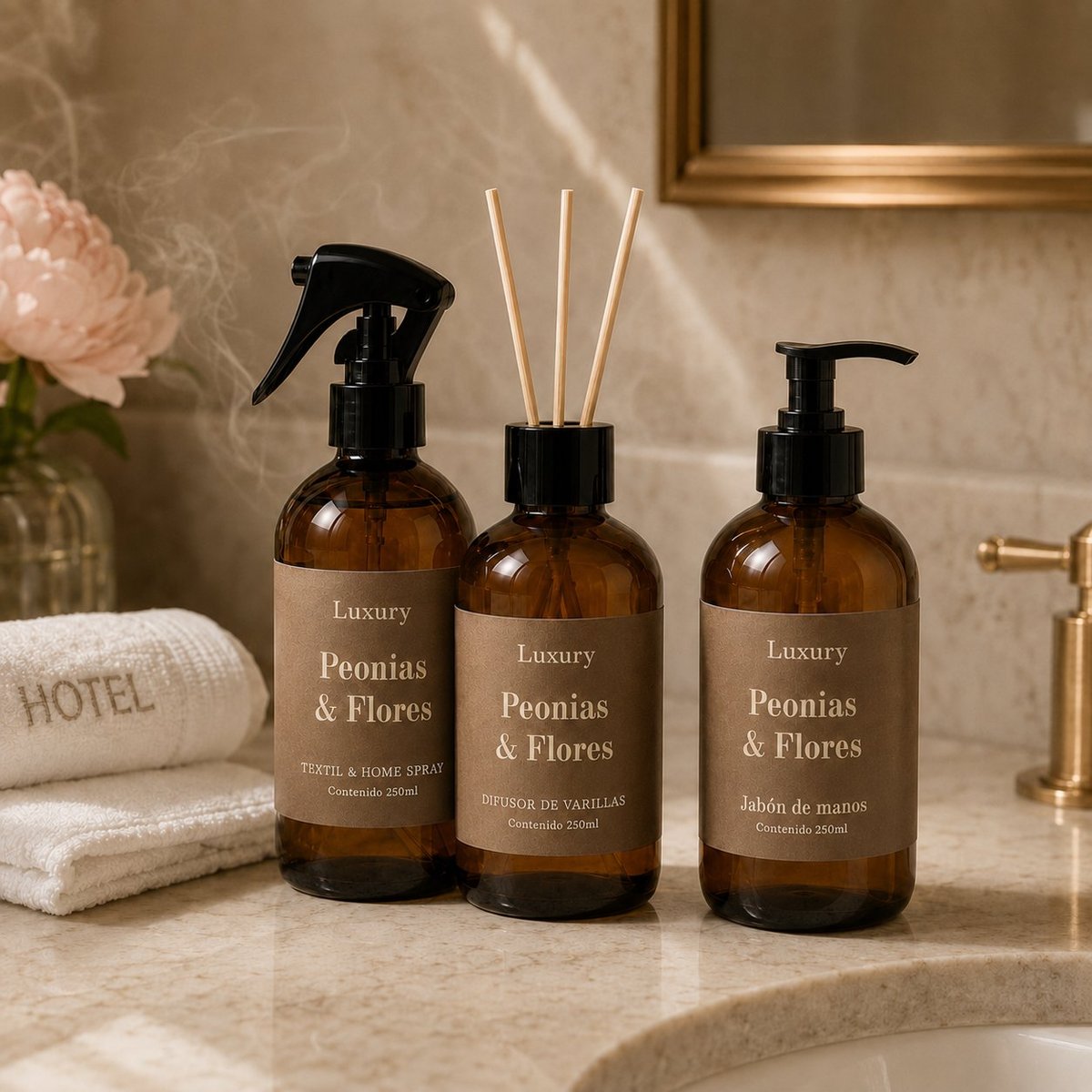 Three luxury Peonias and Flores bathroom products in amber bottles on a marble bathroom counter with towels and flowers
