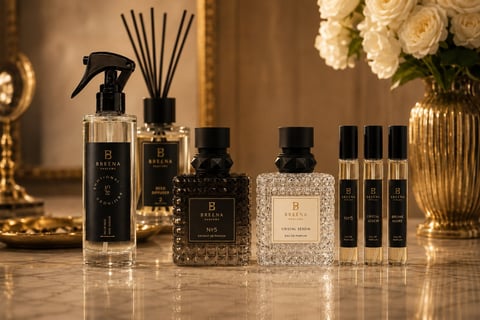 Luxury fragrance collection on marble surface