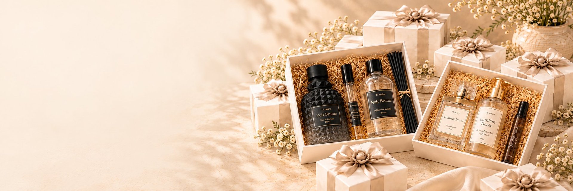 Luxury skincare gift sets with gold ribbons arranged on beige fabric with babys breath flowers