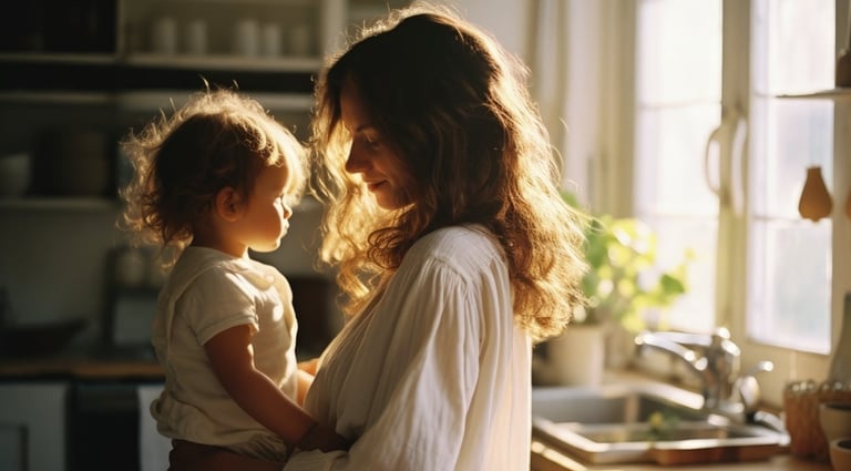 Mujer sosteniendo y sonriendo a un niño pequeño en una cocina luminosa con luz solar entrando por las ventanas