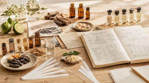 Flat lay of herbal ingredients, essential oil bottles, dried plants, and open notebook with botanical sketches on wooden surface
