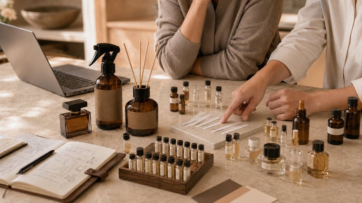 Two people examining essential oils and aromatherapy products on a table with a laptop and organized bottle display