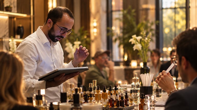 Man in glasses and white shirt holding tablet at table with perfume bottles during business presentation or consultation