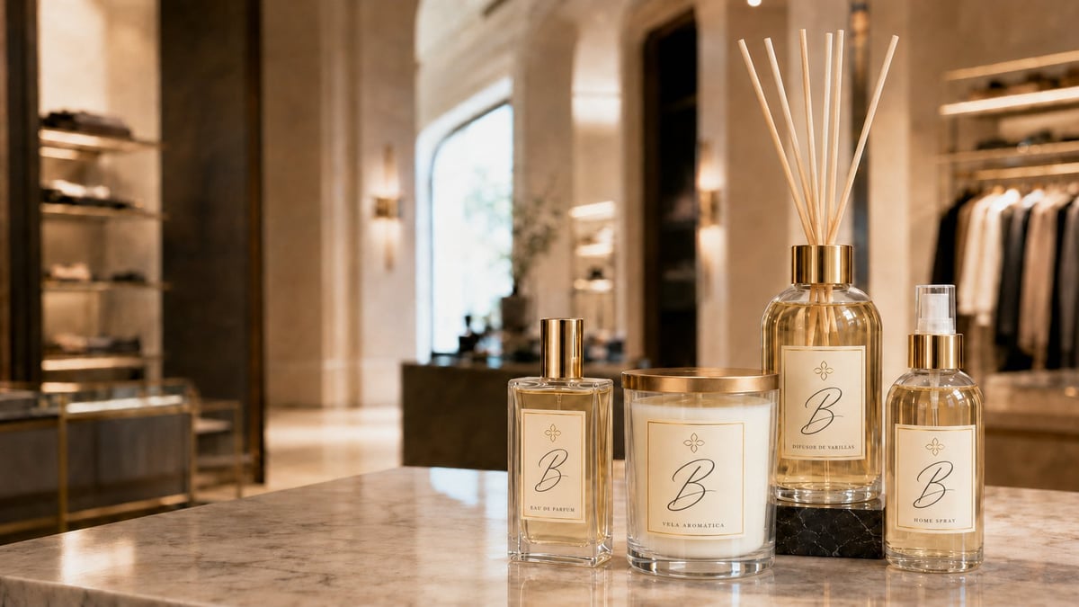 Luxury home fragrance collection displayed on a marble counter in an elegant boutique interior with warm lighting