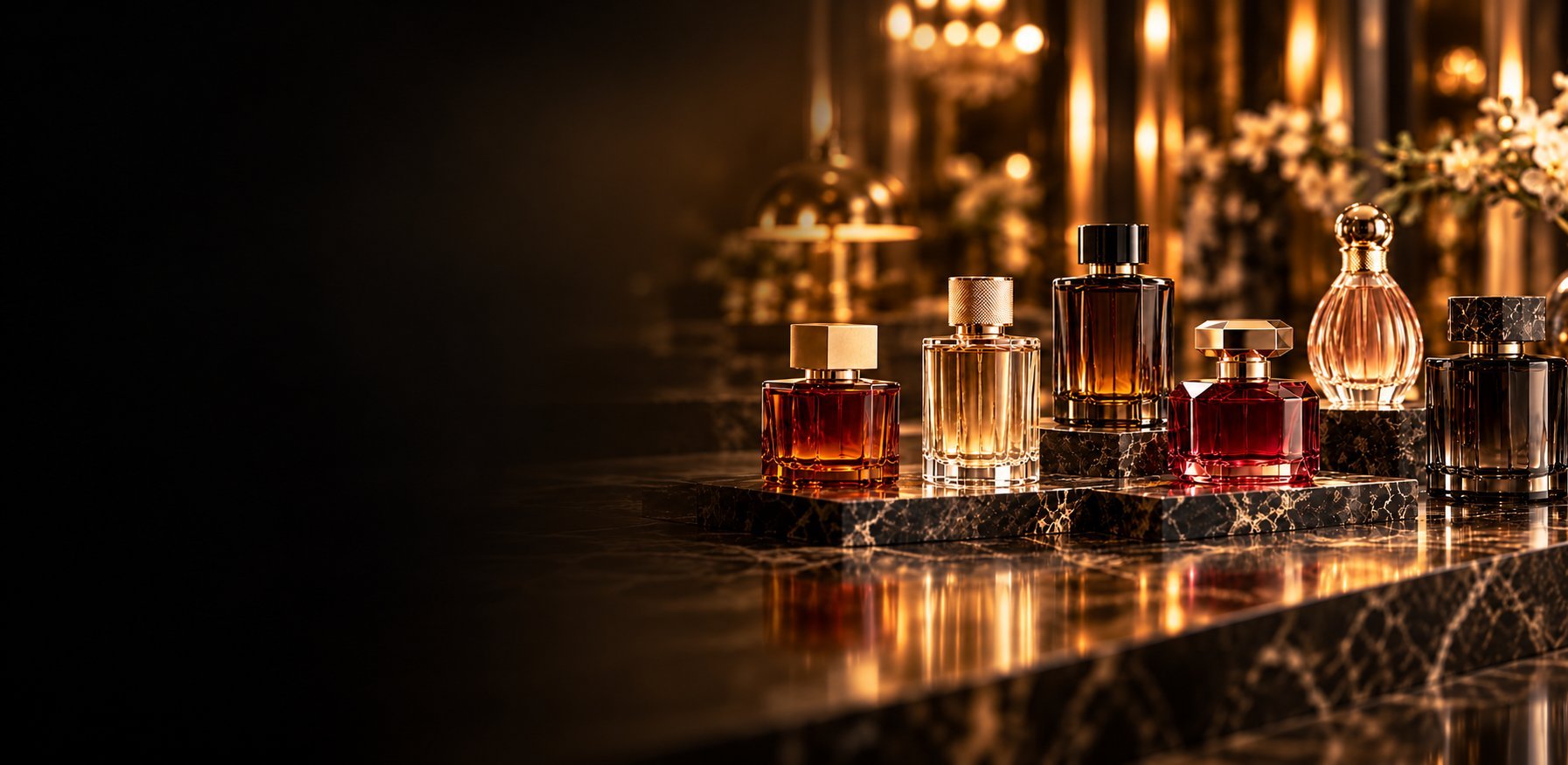 Luxury perfume bottles with warm gold lighting and reflections on dark surface