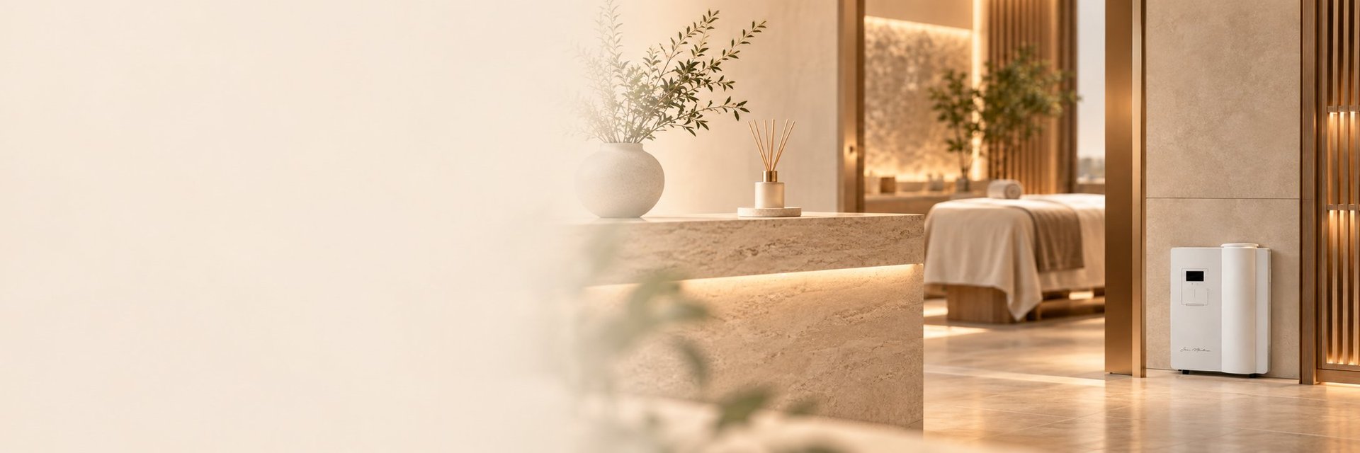 Modern luxury bathroom with marble countertop, mirror, plants, and ambient lighting