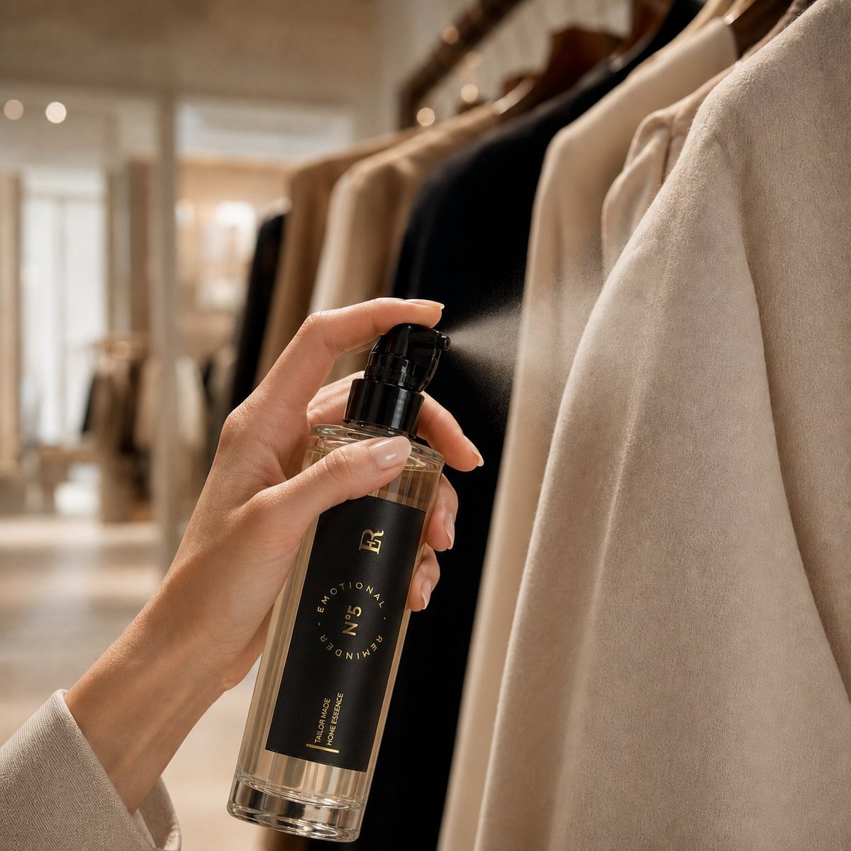 Hand holding a black perfume bottle in front of hanging clothes in a boutique or closet