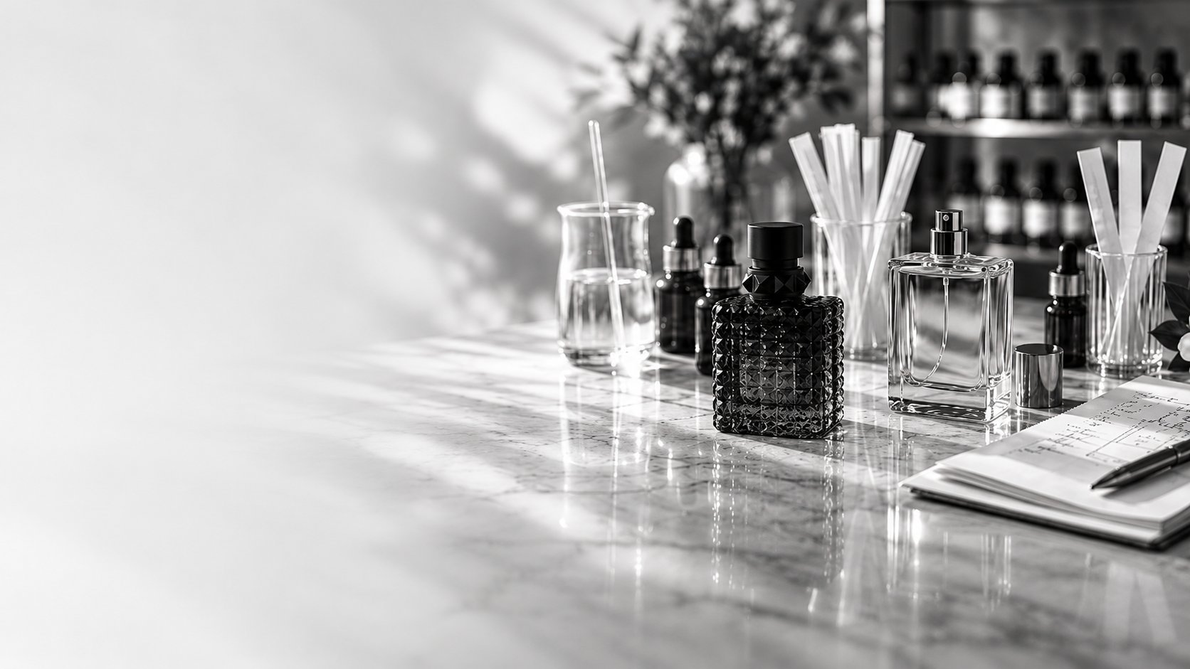 Monochrome bathroom vanity with glass bottles, jars, and cosmetic products arranged on a reflective white surface