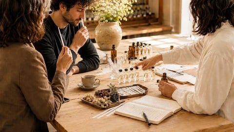 Three people working with cosmetics and samples at a wooden table during a product development or business meeting