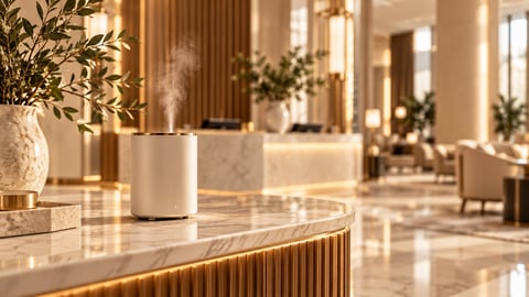 Modern luxury hotel lobby with marble floors, potted plants, and golden accents reflecting warm lighting