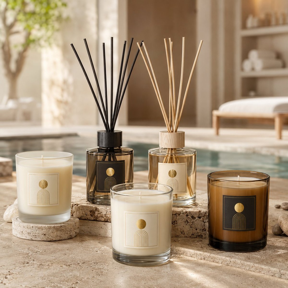 Collection of luxury scented candles and reed diffusers in black, white, and amber glass containers displayed on a stone surface