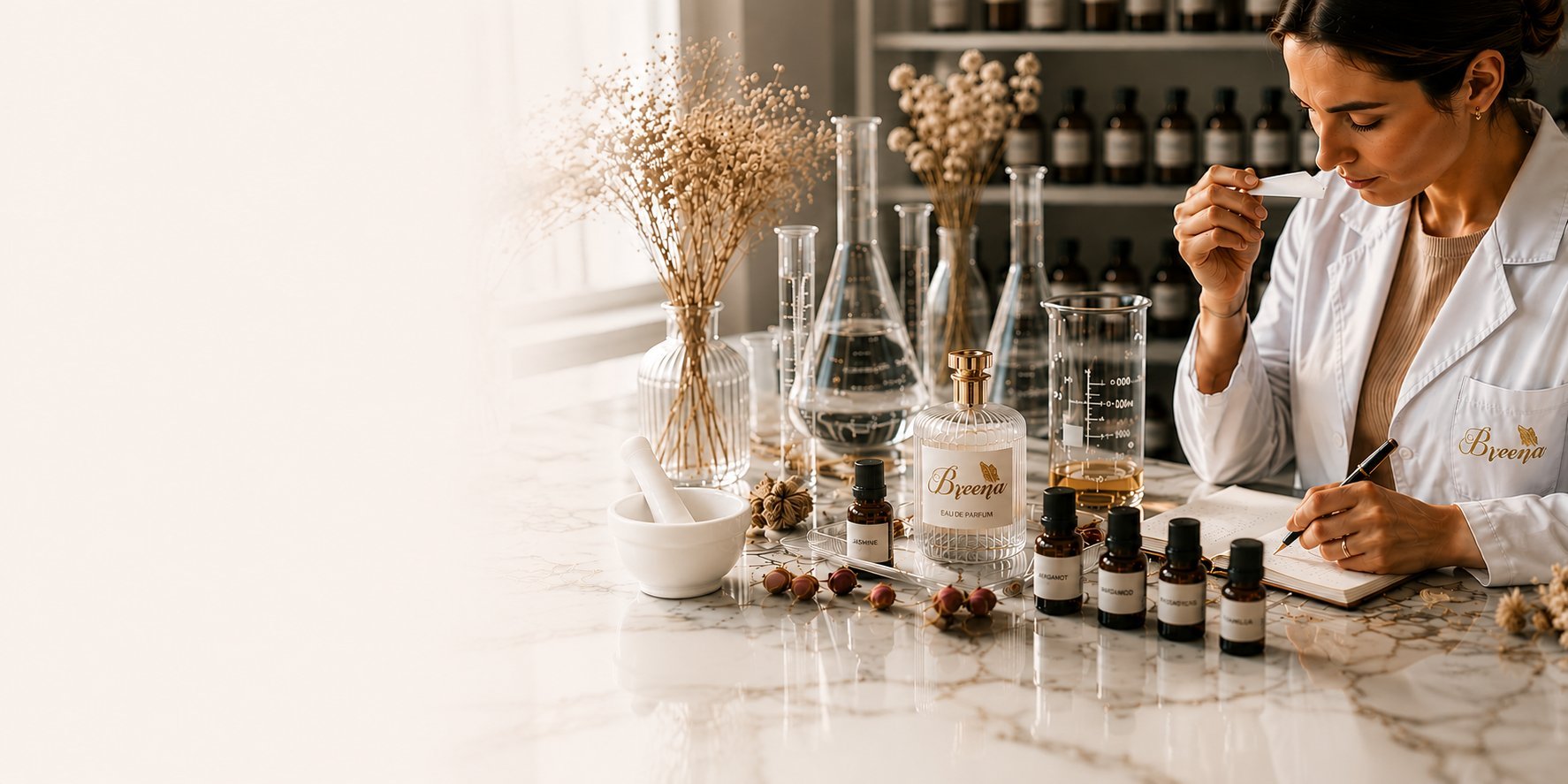 Woman in white coat examining skincare or cosmetic products arranged on marble counter with flowers and bottles in background