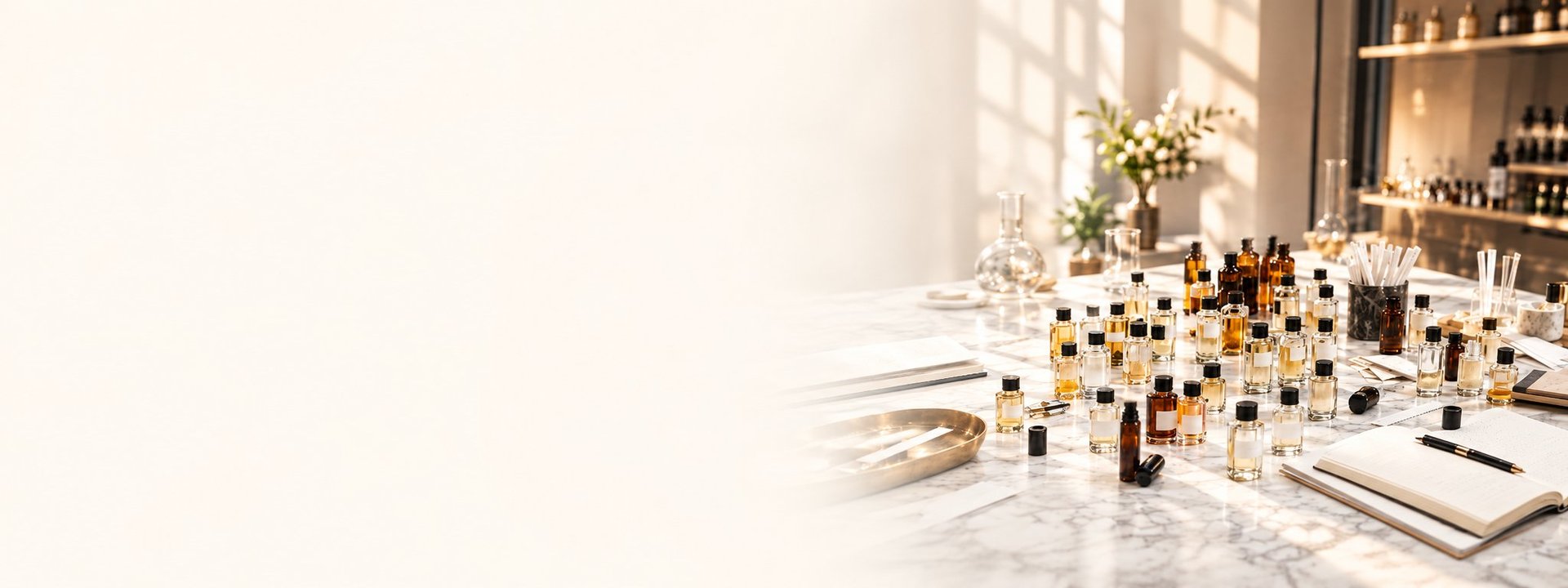 Luxury beauty and skincare products displayed on marble countertop with modern interior background