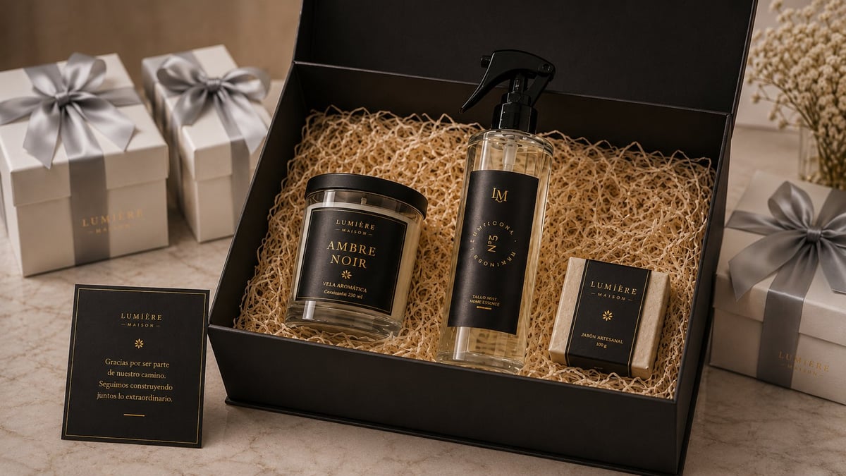 Luxury candle and fragrance gift set in black box with straw, featuring three black containers with gold accents and wrapped gift boxes