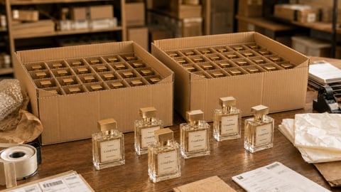 Cardboard shipping boxes with compartments and fragrance bottles displayed on a wooden warehouse table