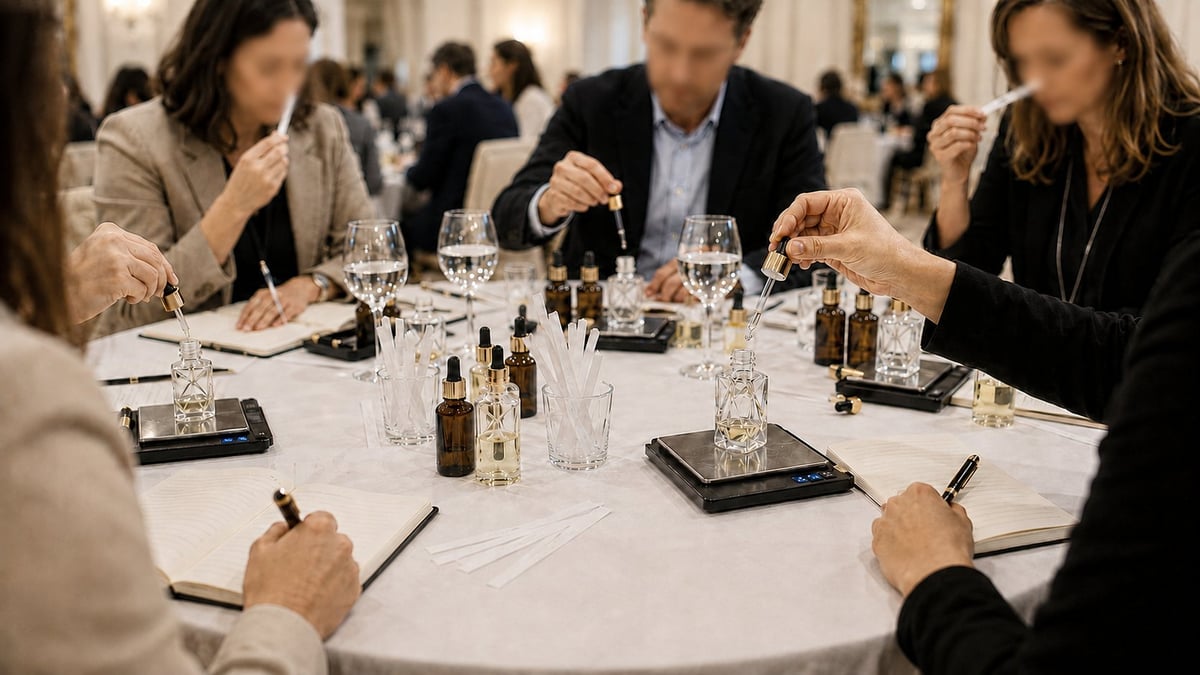 Business professionals dining at a formal table with glasses, bottles, and place cards during a corporate event