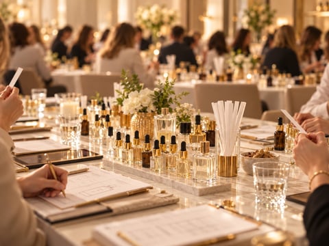 Elegant formal dining setup with white tablecloths, place settings, and gold perfume bottles as centerpieces with floral arrangements