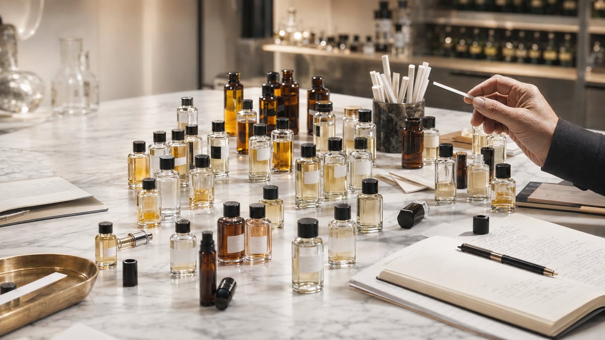 Perfumer examining fragrance samples in a laboratory workspace with bottles and notes on marble table