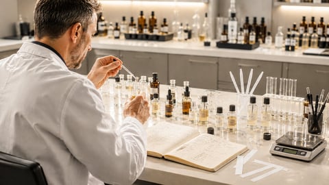 Man in white lab coat examining perfume bottles at laboratory workbench with testing samples and organized collection