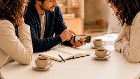 Three people sitting at a table sharing coffee while one man shows something on a smartphone
