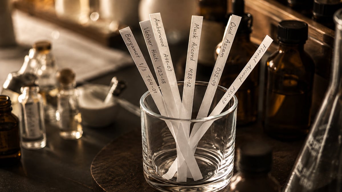 Labeled clear sticks fanned out in a glass container on a laboratory or cosmetic counter surface