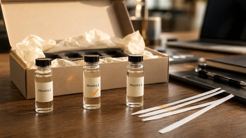 Three labeled glass vials with clear liquid displayed on wooden desk with open box, tissue paper, and testing strips nearby